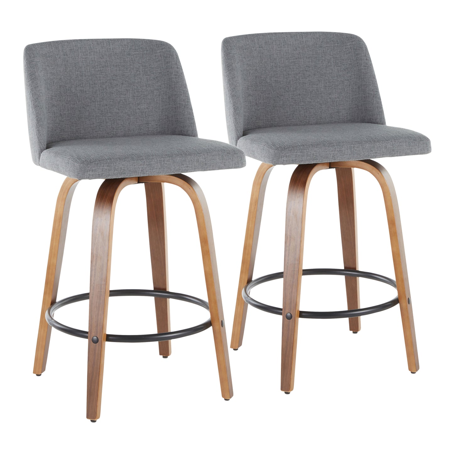 Tovar - Set of 2 - 26" Counter Stools – Walnut Wood Frame with Grey Fabric Upholstery – Swivel Design for Kitchen & Bar