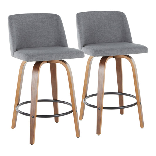 Tovar - Set of 2 - 26" Counter Stools – Walnut Wood Frame with Grey Fabric Upholstery – Swivel Design for Kitchen & Bar