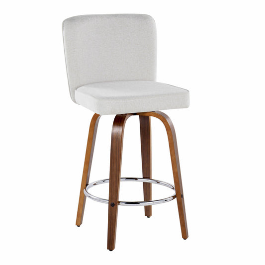 Henry - Set of 2 - 26" Fixed-Height Swivel Counter Stools in Walnut Wood and White Chevron Fabric with Chrome Footrest