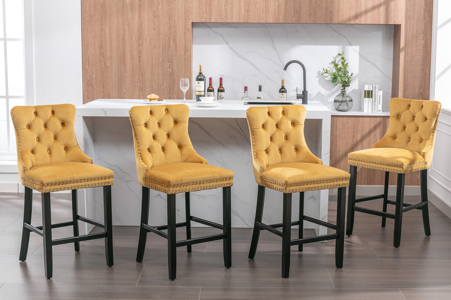 Golden Velvet - Set of 2 - 23.6" Upholstered Bar Stools with Button Tufted Design, Chrome Nailhead Trim & Wooden Legs