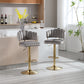 Solenith- Set of 2 - 24-33" Adjustable Velvet Swivel Bar Stools with Footrest and Gold Iron Legs in Grey