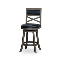 Alphion - Set of 2 – 24" Weathered Gray X-Back Swivel Counter Stools with Black Leather Upholstered Seats