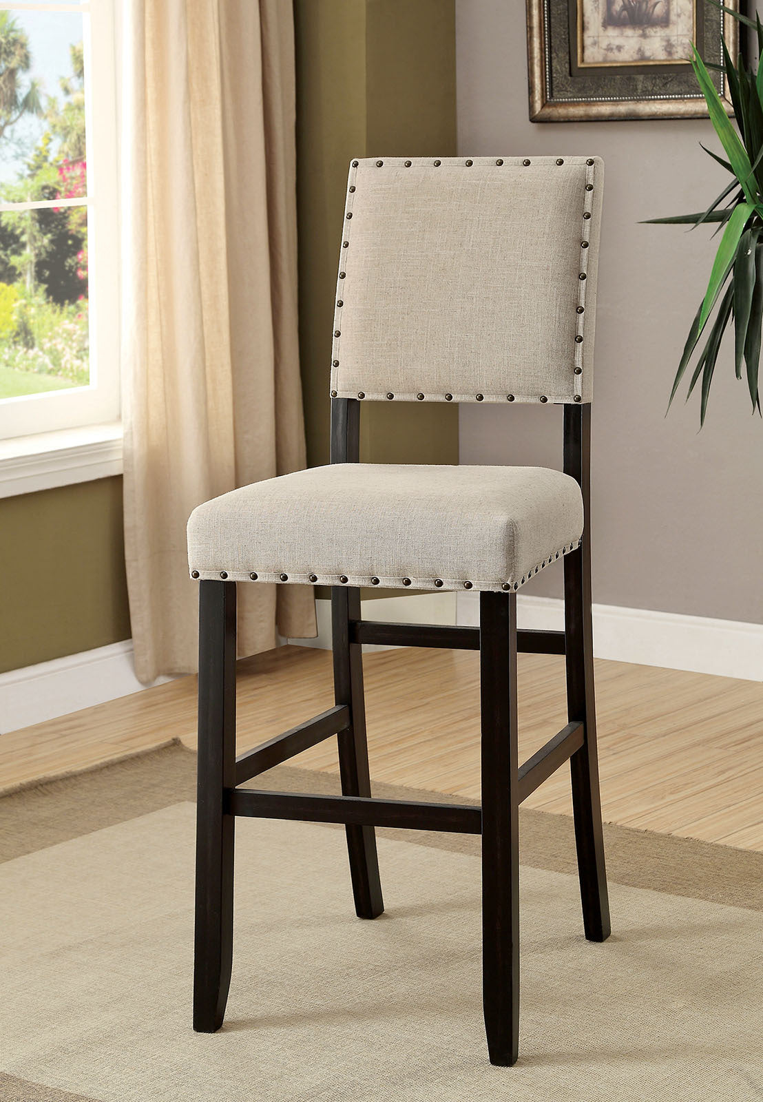 Sariah - Set of 2- 24" Height  Ivory Linen Counter Stools  with Nailhead Trim and Antique Black Solid Wood Frame