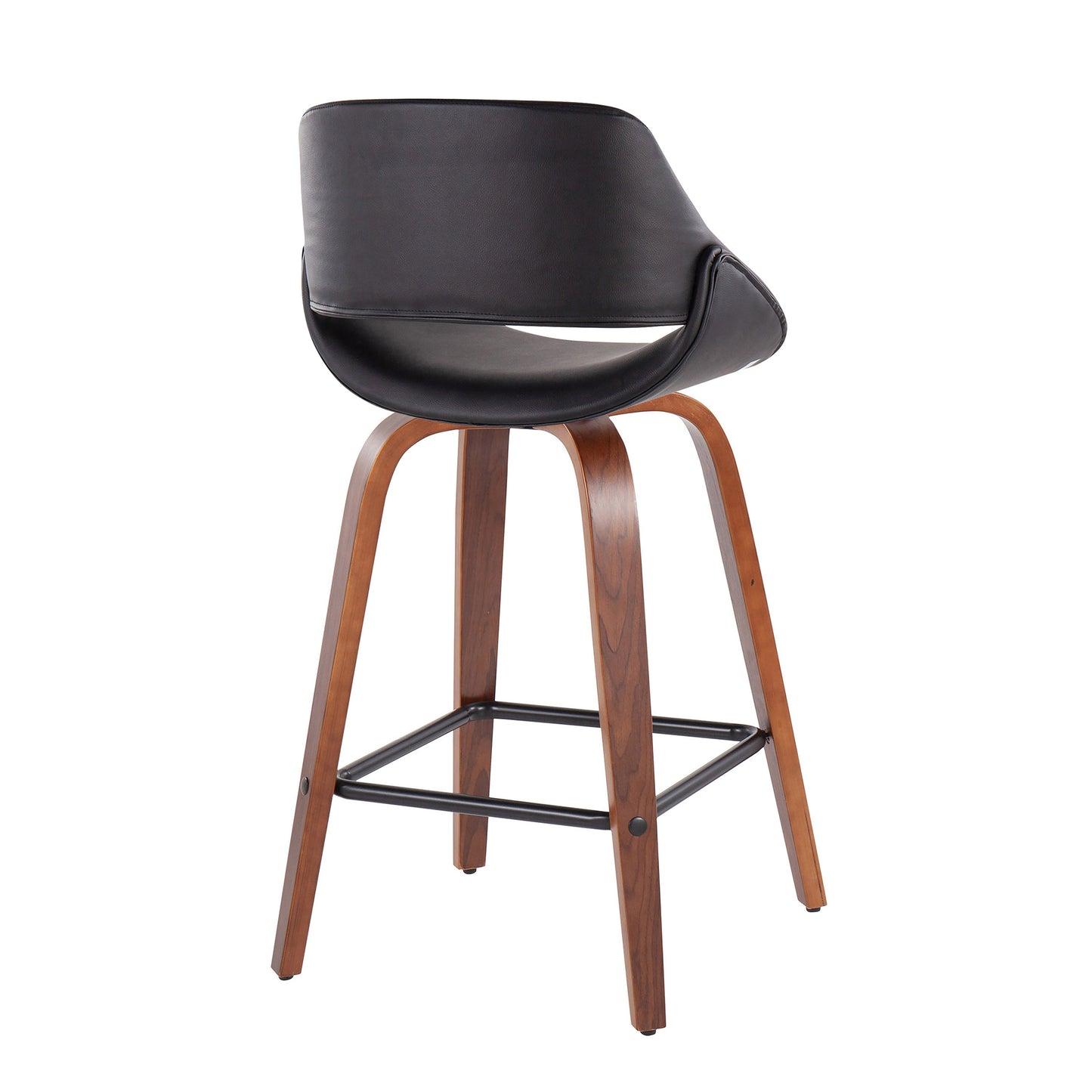 Verto - Set of 2 - 26" Walnut Wood Counter Stools Seat Height Black Polyurethane Upholstery with Swivel & High Back