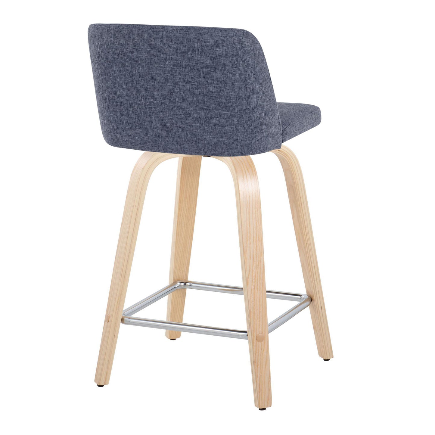 Tirian - Set of 2 - 24" Blue Upholstered Swivel Counter Stools with Natural Wood Legs and Chrome Footrest