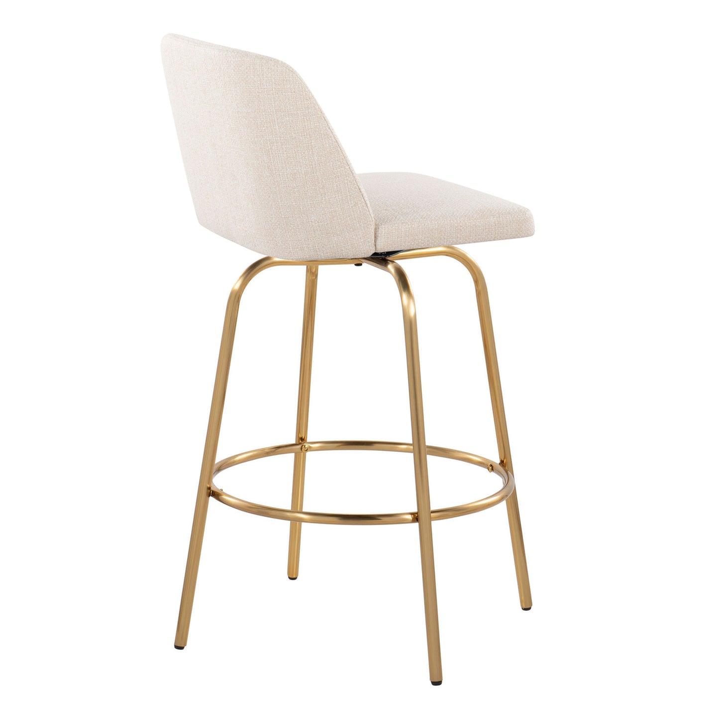 Luriani - Set of 2 - 26" Fixed-Height Counter Stools with 360° Swivel, Cream Noise Fabric & Gold Metal Base