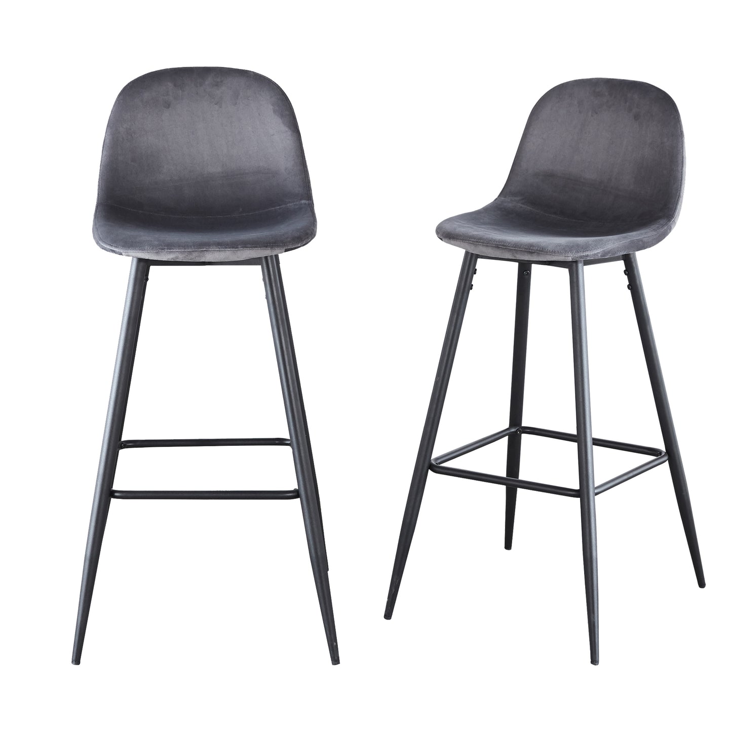 Nero - Set of 2 - 30" Dark Grey Velvet Bar Stools with Backrest, Black Metal Legs, and Footrests