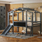 Loft House Bed With Ladder And Slide, With board And Light Strip On The Roof