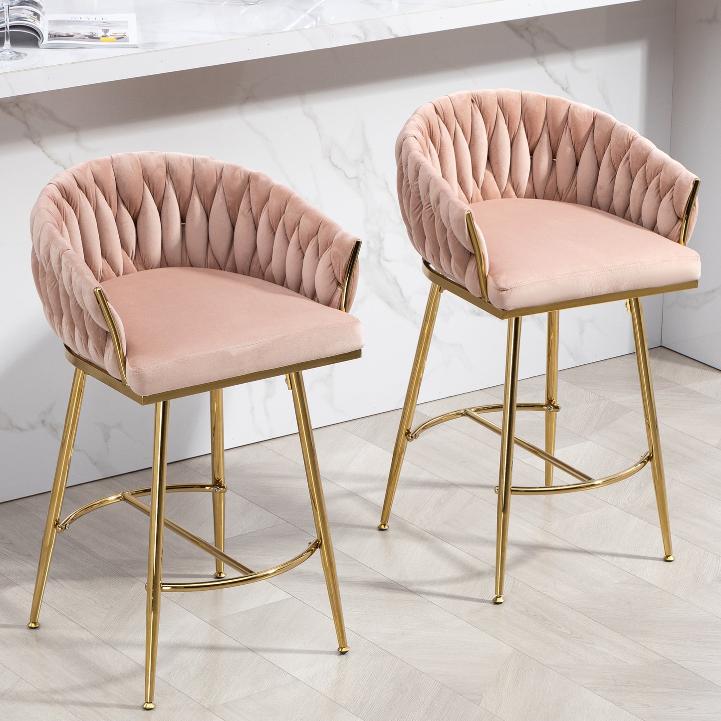 Calista - Set of 2 - 26" Pink Velvet Counter Height Bar Stools with Hand-Wave Back, Golden Chrome Base, and Footrest