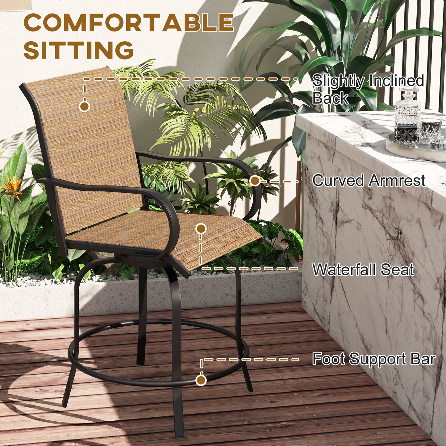 Arbor - Set of 2 - 28" Tan 360° Swivel Outdoor Bar Stools with Armrests, Steel Frame, and High Back