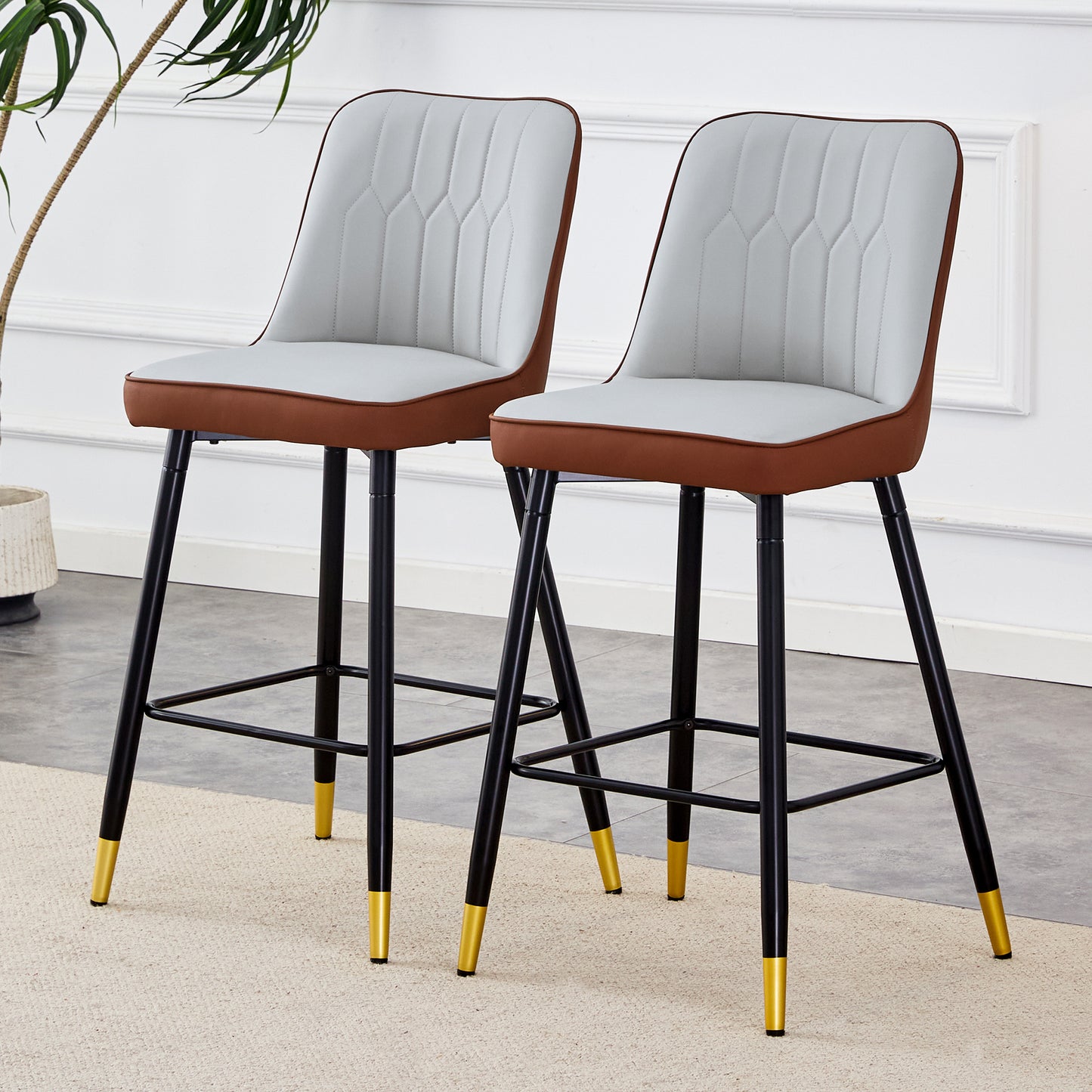 Harlow - Set of 2 - 27" Brown and Light Gray PU Bar Stools with Gold Accents and Black Metal Legs