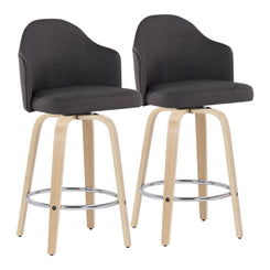 Kiran - Set of 2 - 26" Mid-Century Swivel Counter Stools with Charcoal Fabric, Natural Bamboo Legs, and Chrome Footrest