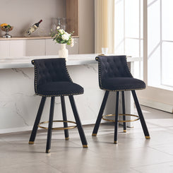 Hightower - Set of 2 - 25.59" Black Velvet Bar Chairs with 360° Swivel, Rivet Detailing, and Back Pull Ring