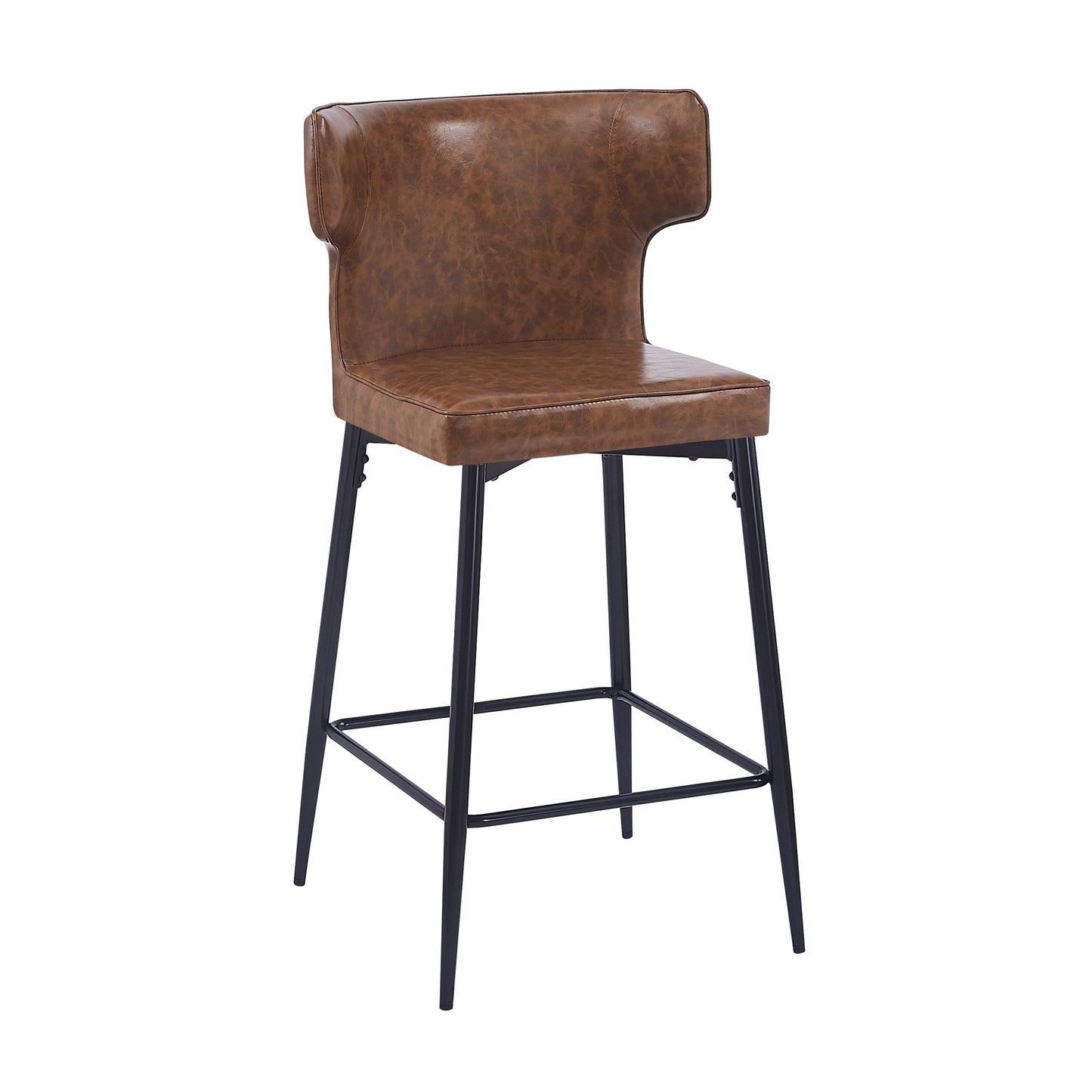 Monice - Set of 2 - 28" Counter Height Bar Stools with Brown Upholstered Polyurethane Leather Seat, Metal Frame, and Footrest for Kitchen Island or Bar Table