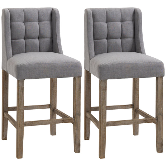 Luca - Set of 2 - 30" Grey Tufted Upholstered Bar Stools with Back, Rubber Wood Legs, Seat Height for Kitchen & Dining Room