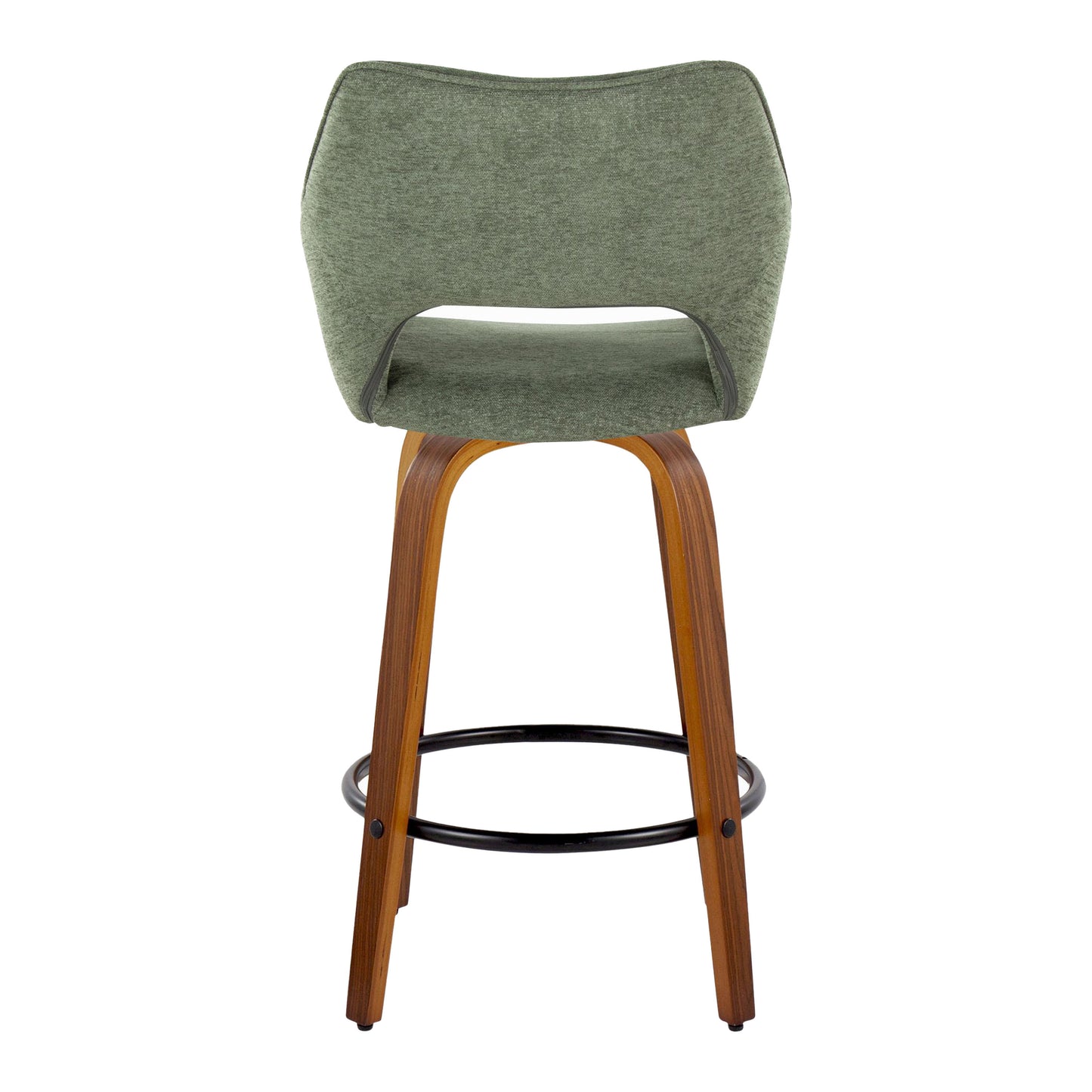 Valor Set of 2 Green Fabric Upholstered Swivel Counter Stools (26") with Walnut Bentwood Legs & Black Metal Footrest