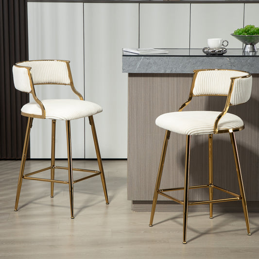 Hesterly - Set of 2 - 26” Beige Corduroy Counter Height Bar Stools with Gold Chrome Base and Backrest