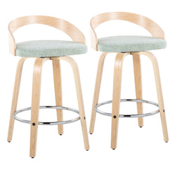 Galadriel - Set of 2 - 26" Natural Wood Fixed-Height Counter Stools with Light Green Upholstered Fabric, Swivel, and Chrome Footrest