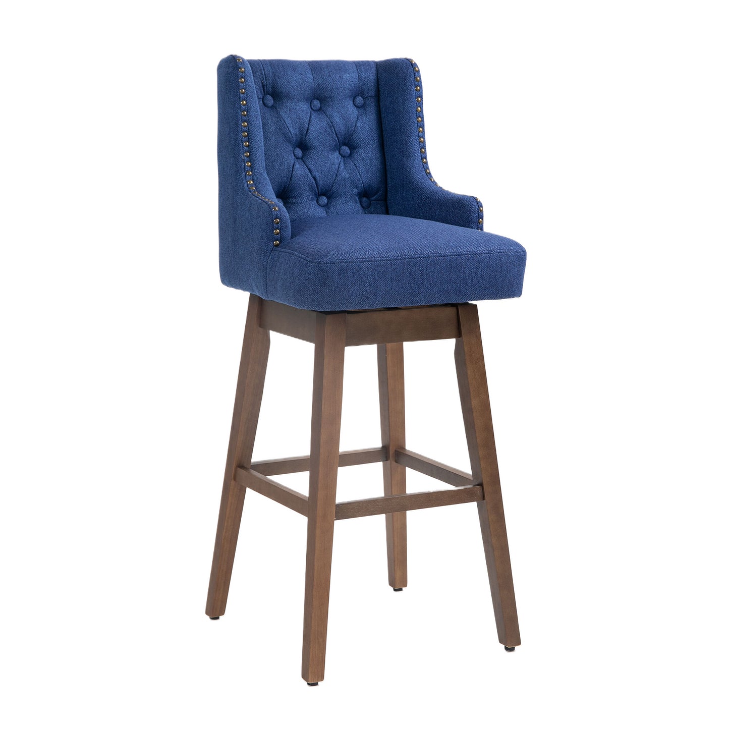 Hazelridge - Set of 2 - 30" Navy Linen Swivel Bar Stools with Solid Wood Legs, Counter Height Chairs with Footrest