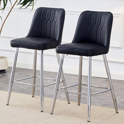 Evelyn - Set of 2 - 29"  Black Bar Stools with Silver Metal Legs and Cross Reinforcement