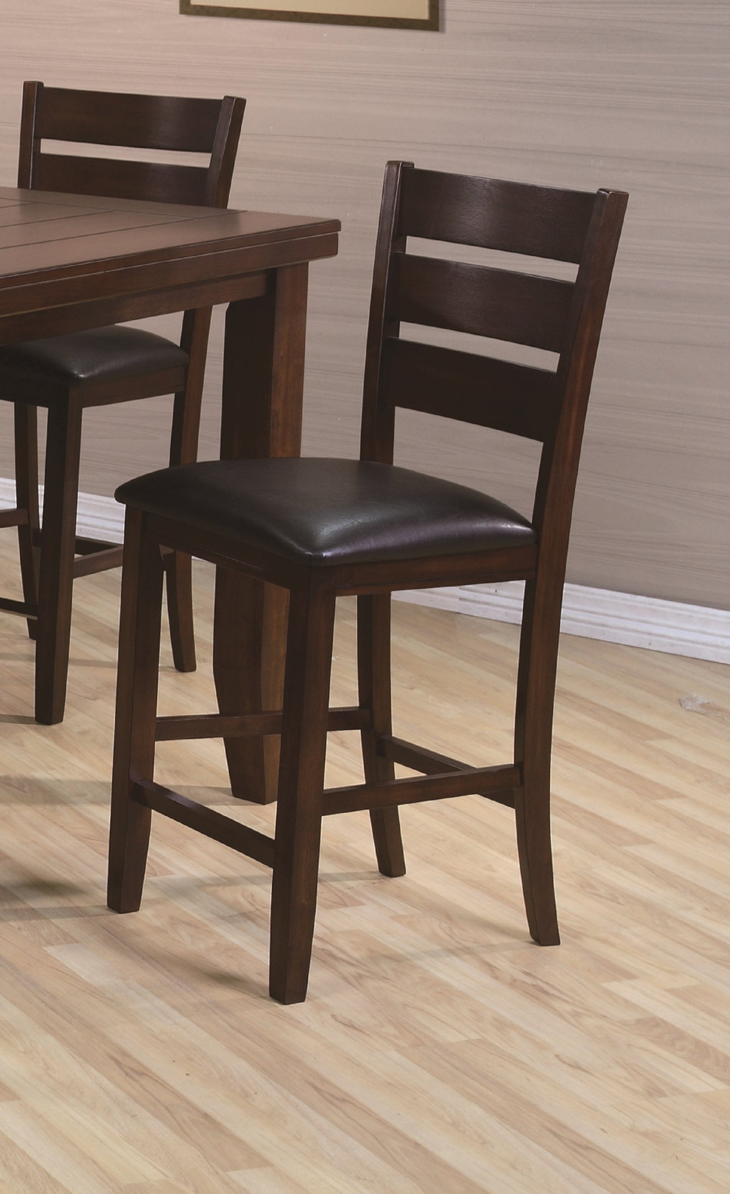 Loretiana - Set of 2 - 24" Counter Height Dining Chairs with Ladder Back, Faux Leather Cushions, Dark Brown Wood Finish