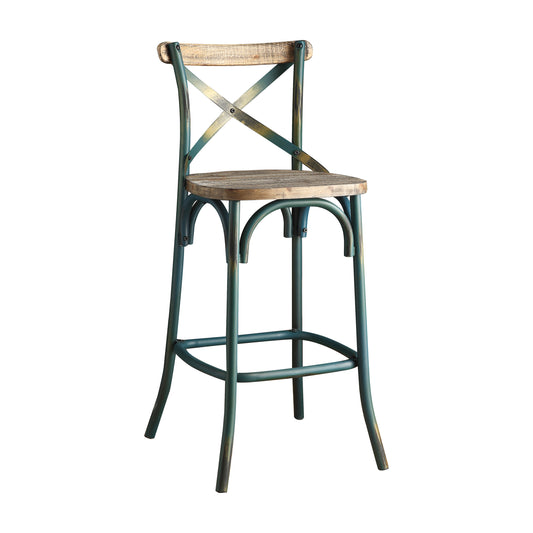 Zamira - set of 2-29" Industrial Bar Chair with High Back, Antique Turquoise and Oak Finish,43" Overall Height