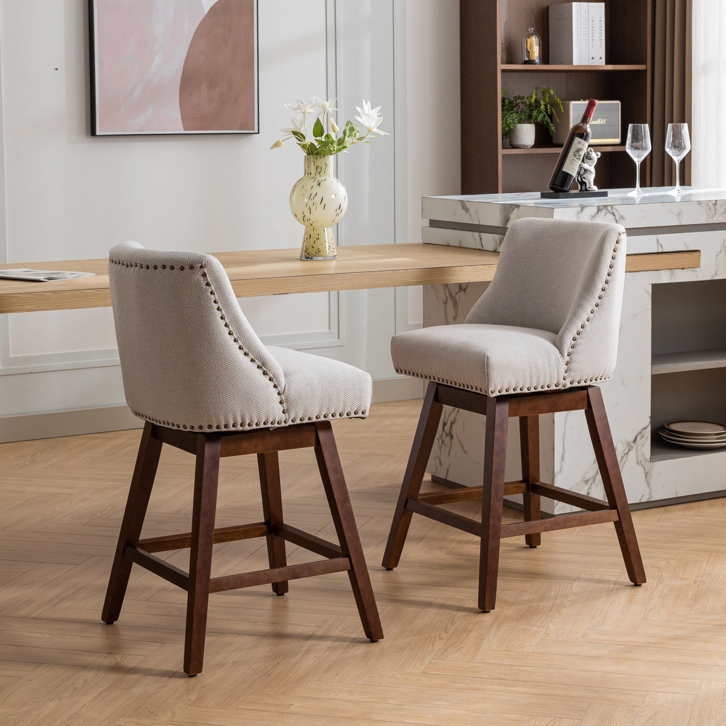 Avalon - Set of 2 - 26" Ivory Upholstered Counter Height Swivel Bar Stools with Curved Back, American Design, and Solid Rubber Wood Legs