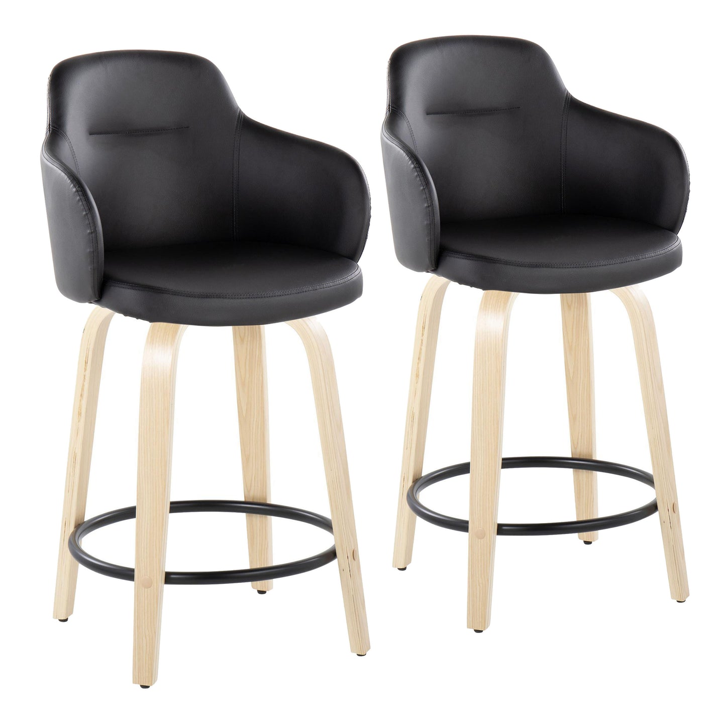 Calix - Set of 2 -24" Black Faux Leather Swivel Counter Stools with Natural Wood Legs and Round Black Metal Footrest