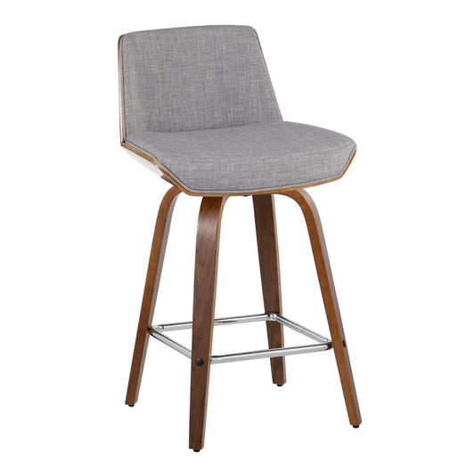 Lennox - Set of 2 - 26" Mid-Century Modern Swivel Counter Stools with Walnut Wood, Light Grey Fabric, and Chrome Footrest