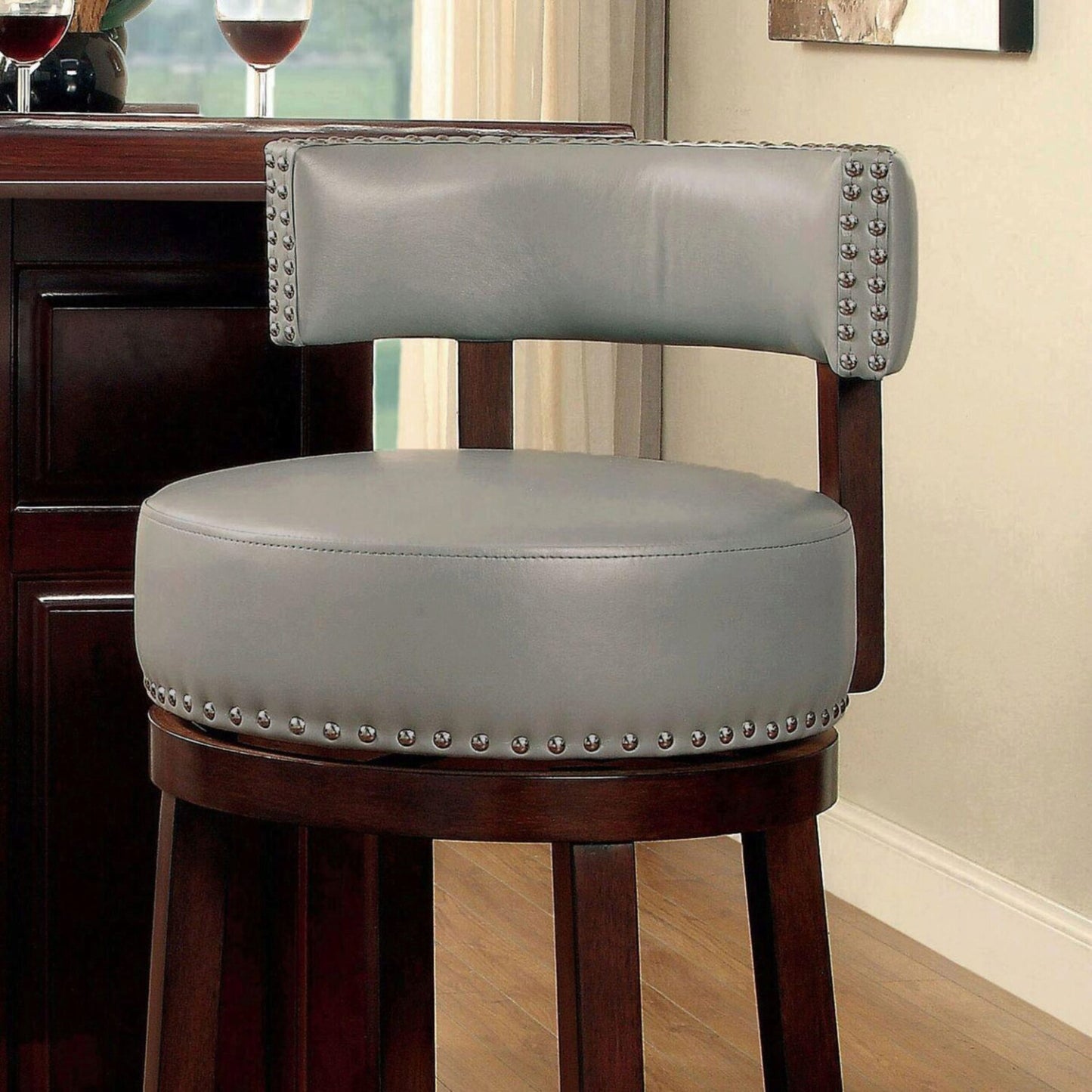 Sherly - Set of 2 - 30" Swivel Bar Stools - Dark Oak Solid Wood - Dark Gray Leatherette - Transitional Design for Dining Room