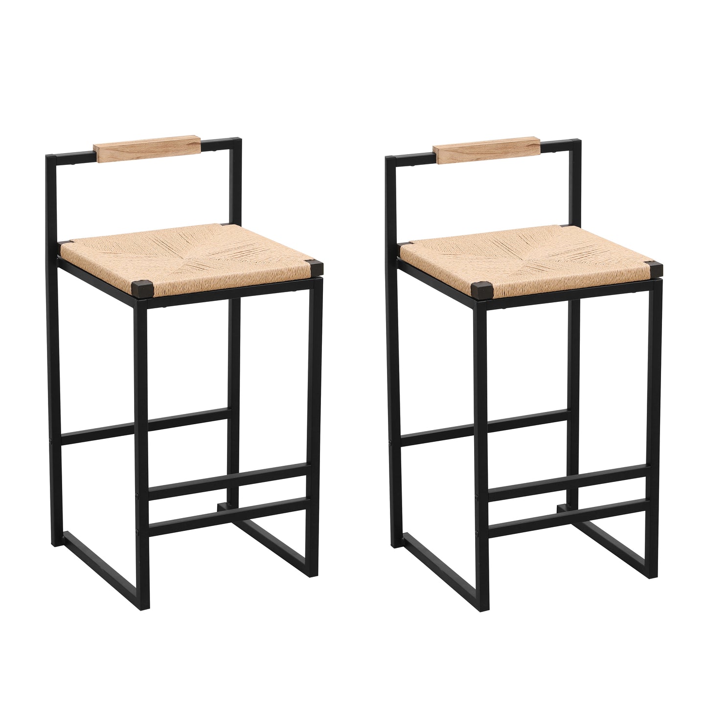 Lysynn - Set of 2 - 24" Natural Paper Rope Woven Counter Stools with Metal Frame & Backrest