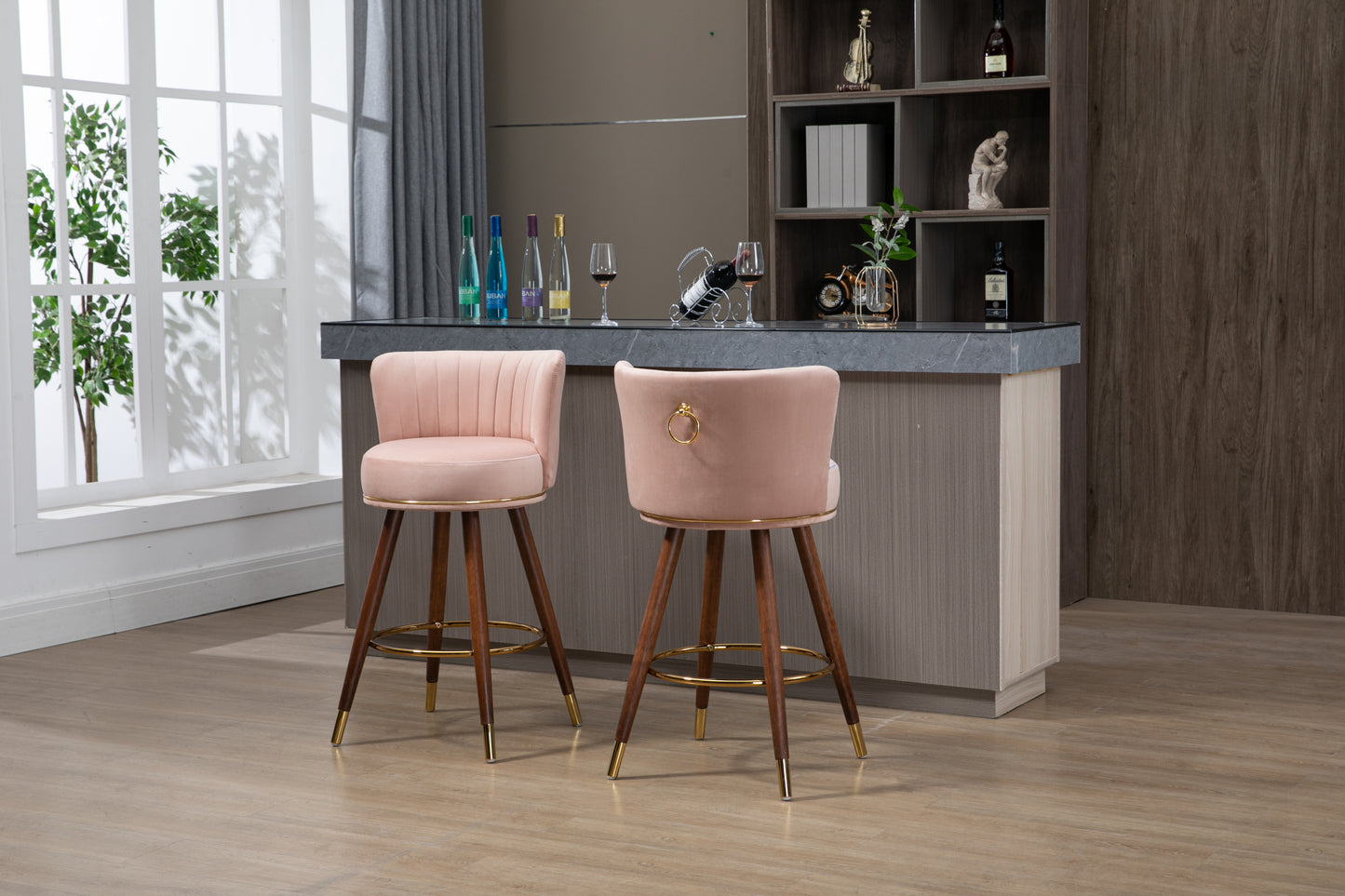 Lavantro - Set of 2 -28" Counter Height Handcrafted Swivel Bar Stools with Pink Fabric, Solid Wood Legs & 360° Rotation - Vintage Retro Design