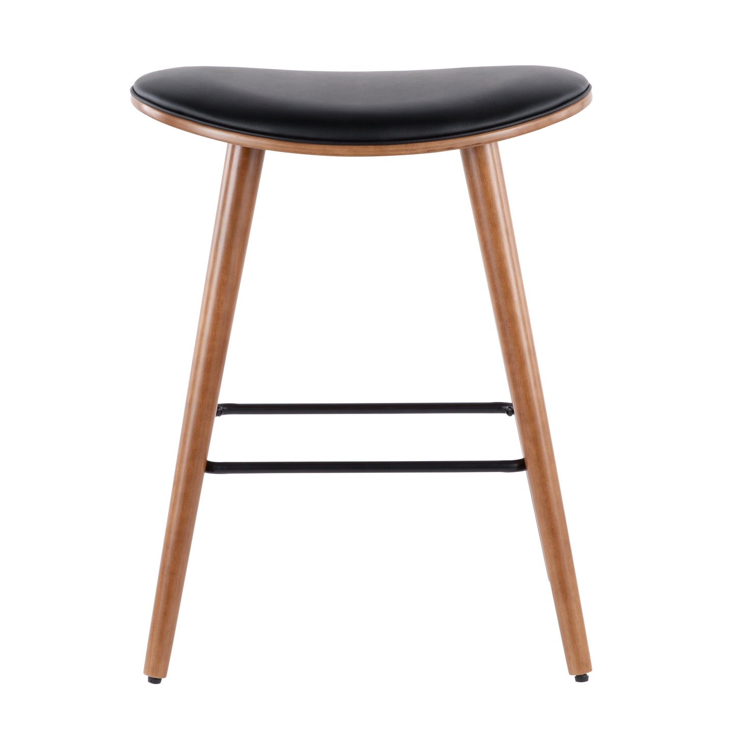 Simonea -Set of 2 – 26" Mid-Century Modern Counter Stools in Walnut & Black Faux Leather, Stylish & Comfortable Kitchen or Bar Seating