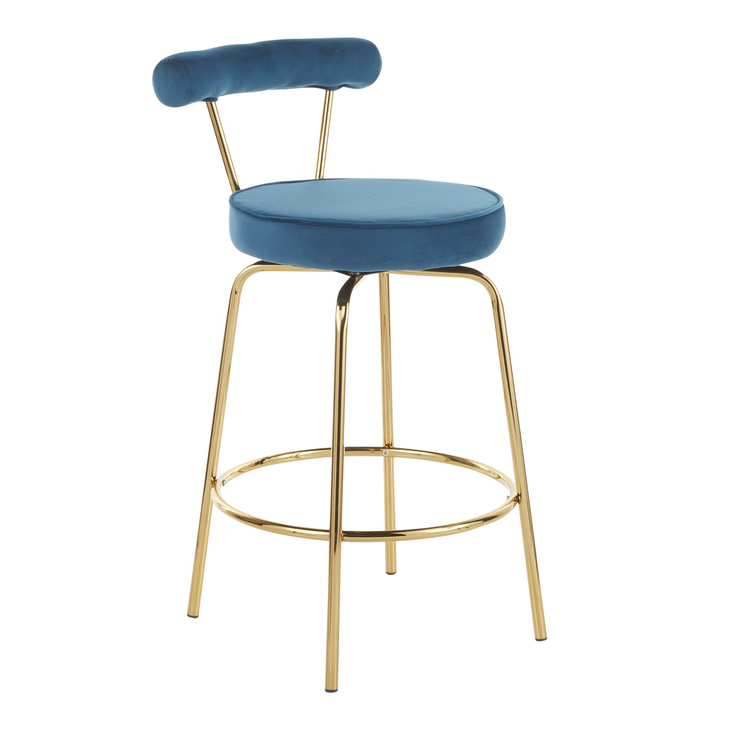 Richmond - Set of 2 - 34" Gold Metal Counter Stools with 360° Swivel Blue Velvet Upholstery Art Deco Glam Design