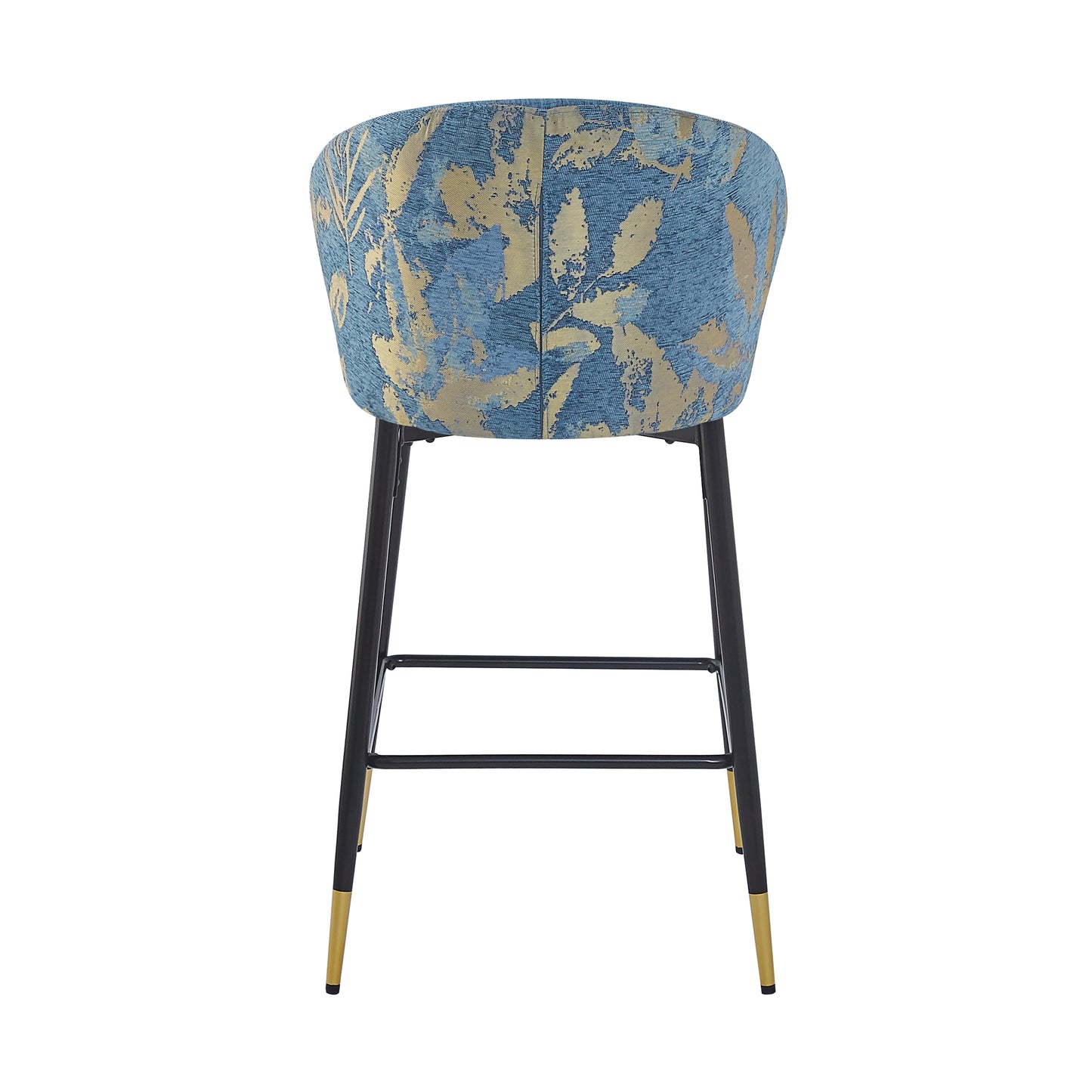 Loressa - Set of 2 - 28" Blue Jacquard Counter Height Bar Stools, Modern Wingback Design, Metal Frame with Black & Gold Footrests