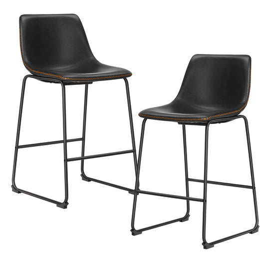 Hanelle - Set of 2 - 25" Black Leather Counter Height Bar Stools with Back and Metal Legs - Modern Dining Chairs for Kitchen Island or Pub