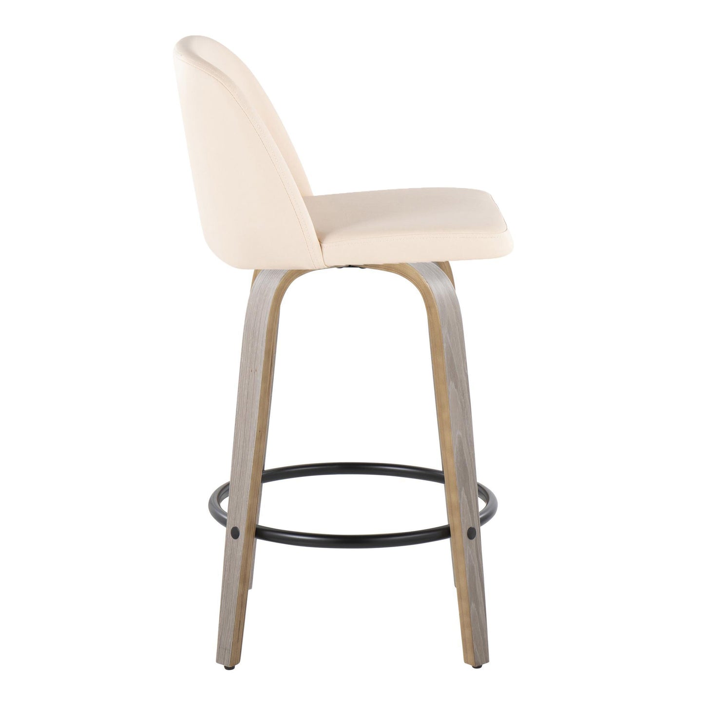 Tevin - Set of 2 - 24" Light Grey Faux Leather & Cream Wood Swivel Counter Stools with Black Metal Footrest