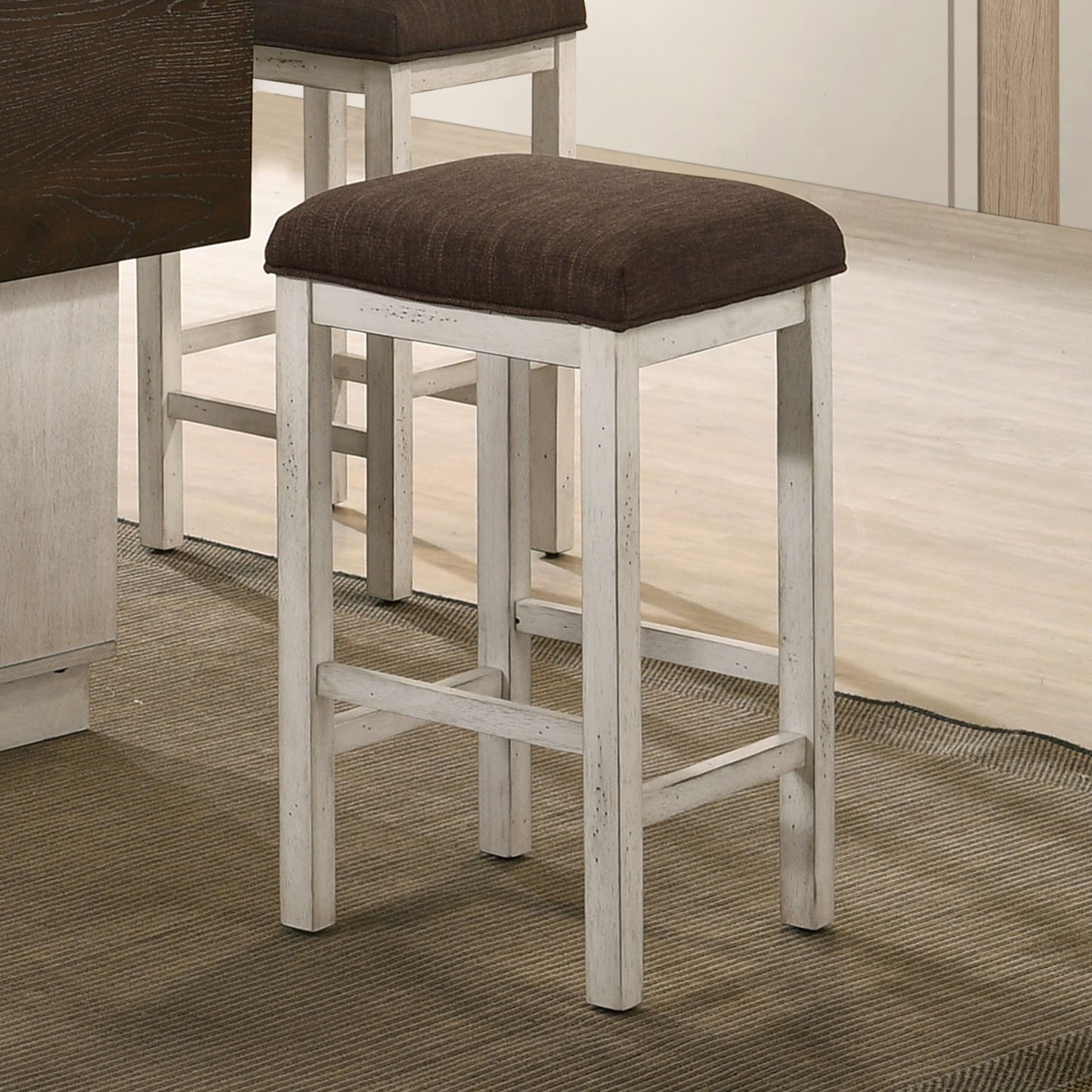 Faylinn - Set of 2 - 26" Farmhouse Solid Wood Counter Height Stools in Antique White & Dark Brown with Linen Upholstered Seat