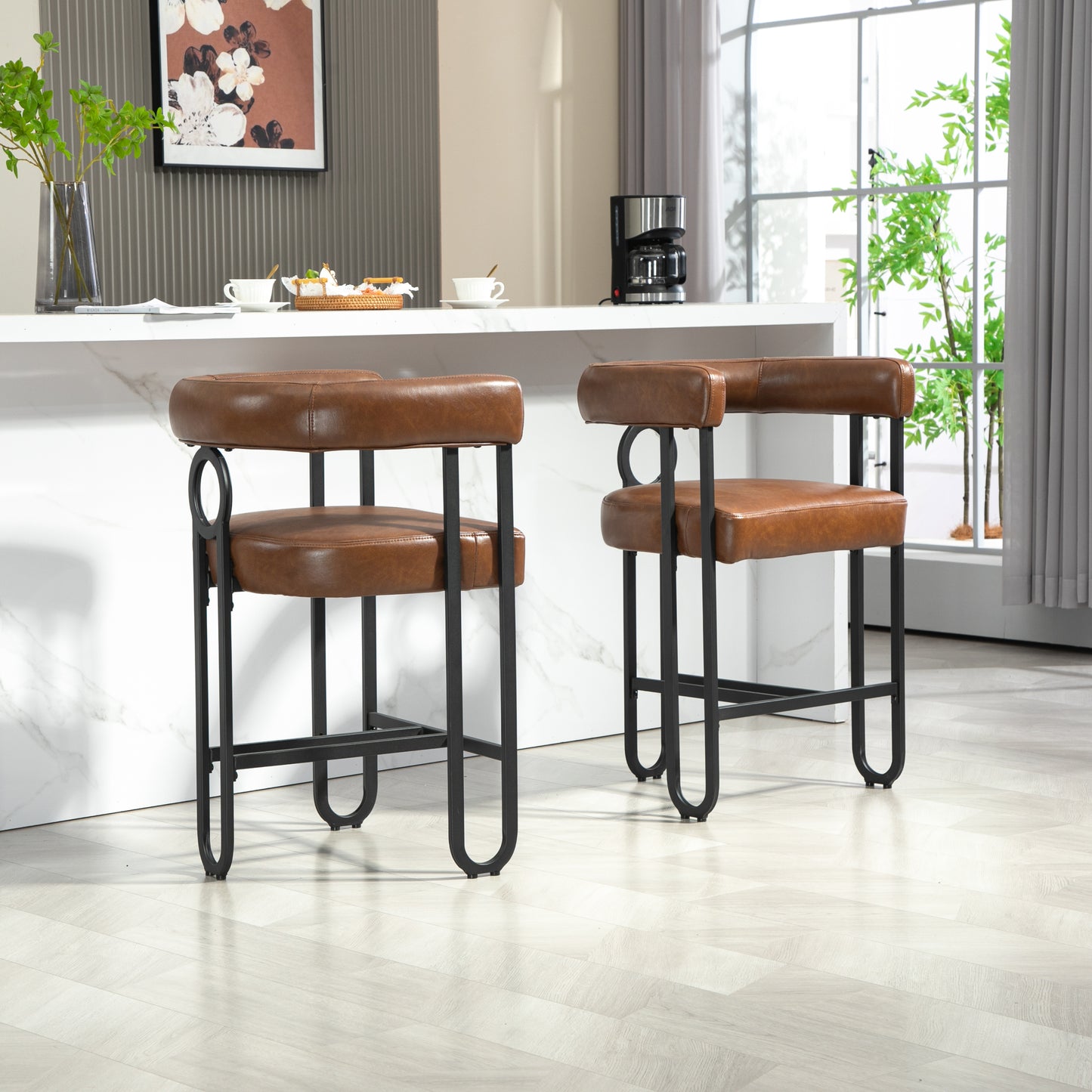 Liristh - Set of 2 - 24" Light Brown PU Upholstered Bar Stools, Modern Curved Backrest, Black Metal Legs