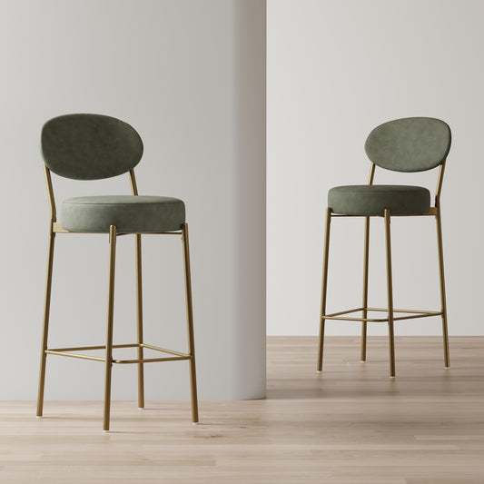 Clea - Set of 2 - 29" Green Faux Leather Upholstered Bar Stools with Gold Metal Legs, Modern Round Counter Chairs