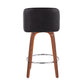 Tavolyn - Set of 2 - 24" Mid-Century Modern Counter Stools with Black Faux Leather, Walnut Wood Frame, and Chrome Footrest