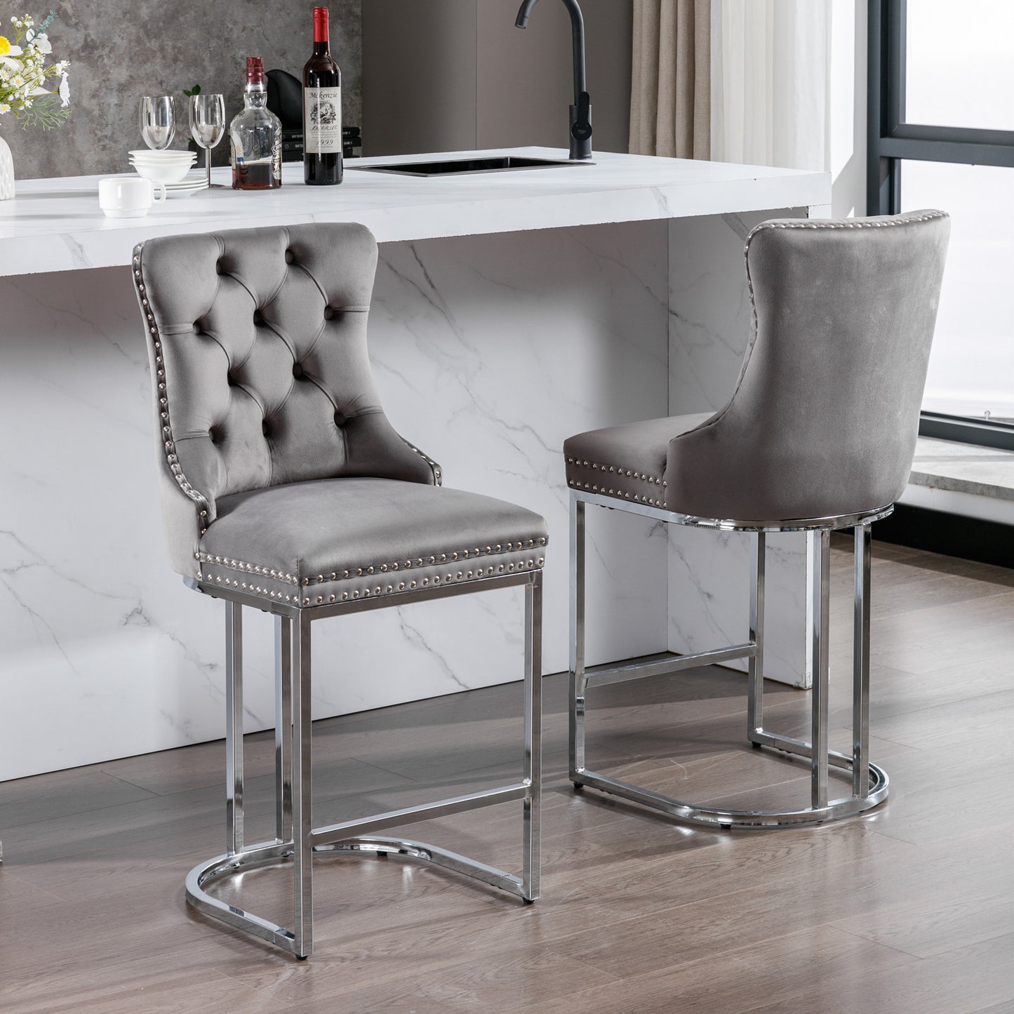 Halora - Set of 2 - 26" Gray Velvet Counter Height Bar Stools with Rivet Trim, Button Tufted Backrest, and Sturdy Chromed Metal Base