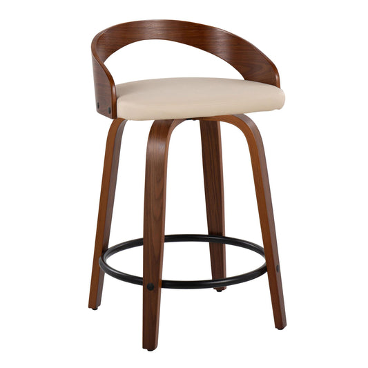 Gianno- Set of 2 - 24" Walnut Wood Mid-Century Modern Counter Stools with Cream Faux Leather and Swivel