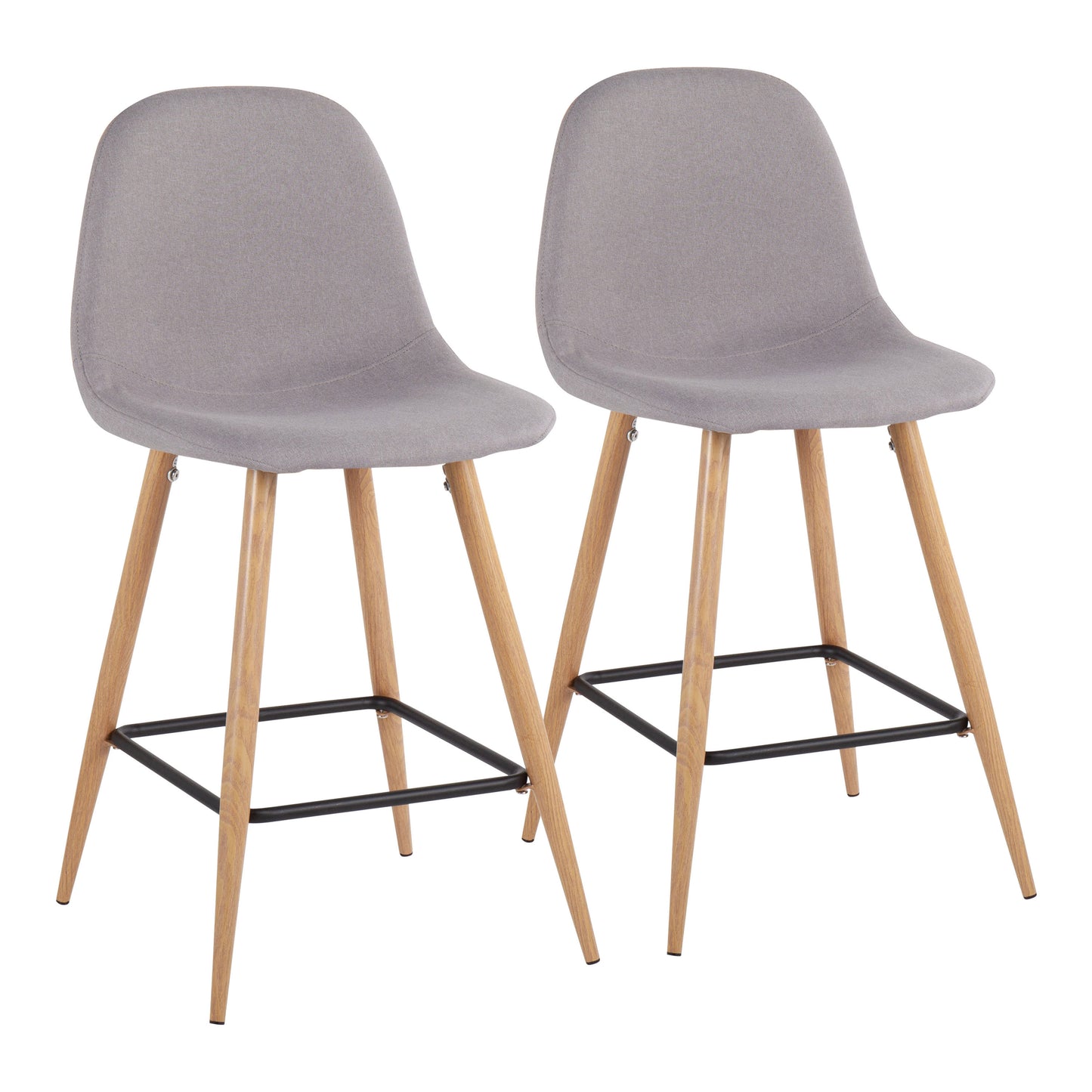 Plentis - Set of 2 - 24" Light Grey Mid-Century Counter Stools with Natural Metal Legs