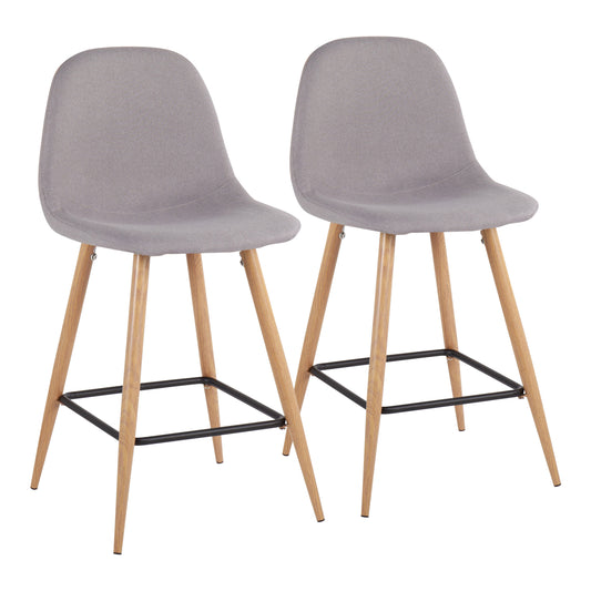 Plentis - Set of 2 - 24" Light Grey Mid-Century Counter Stools with Natural Metal Legs