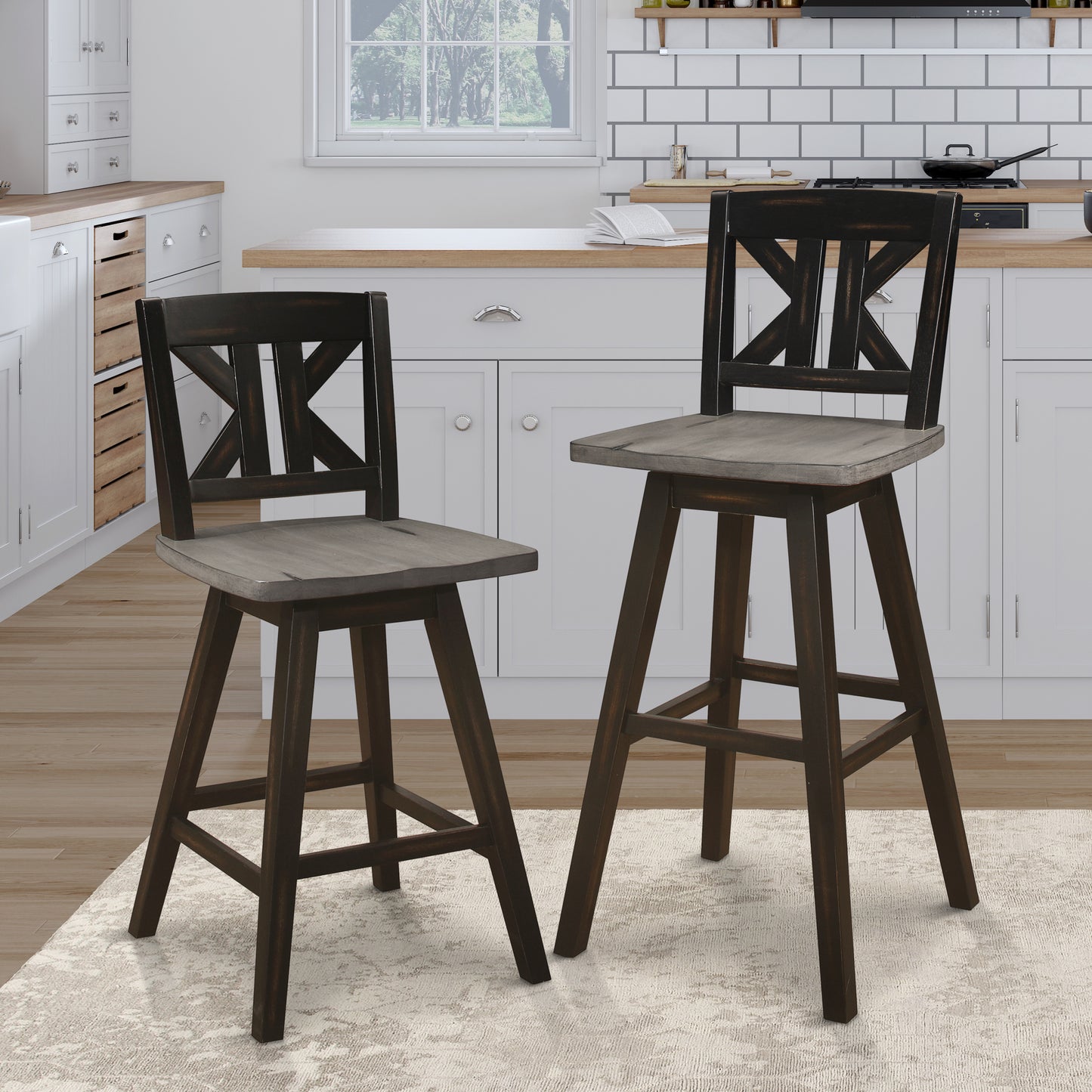 Aviana - Set of 2 - 29" Distressed Gray and Black 360° Swivel Pub Height Chairs with Solid Rubberwood Frame and Divided X-Back