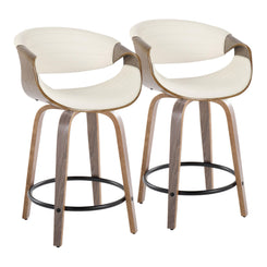 Symphony - Set of 2 - 26" Light Grey Faux Leather Swivel Counter Stools with Black Footrest and Mid-Century Modern Wood Design