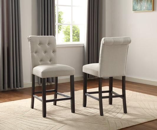 Stirling - Set of 2 - 24" Tan Tufted Solid Wood Counter Height Stools with High Back and Espresso Legs