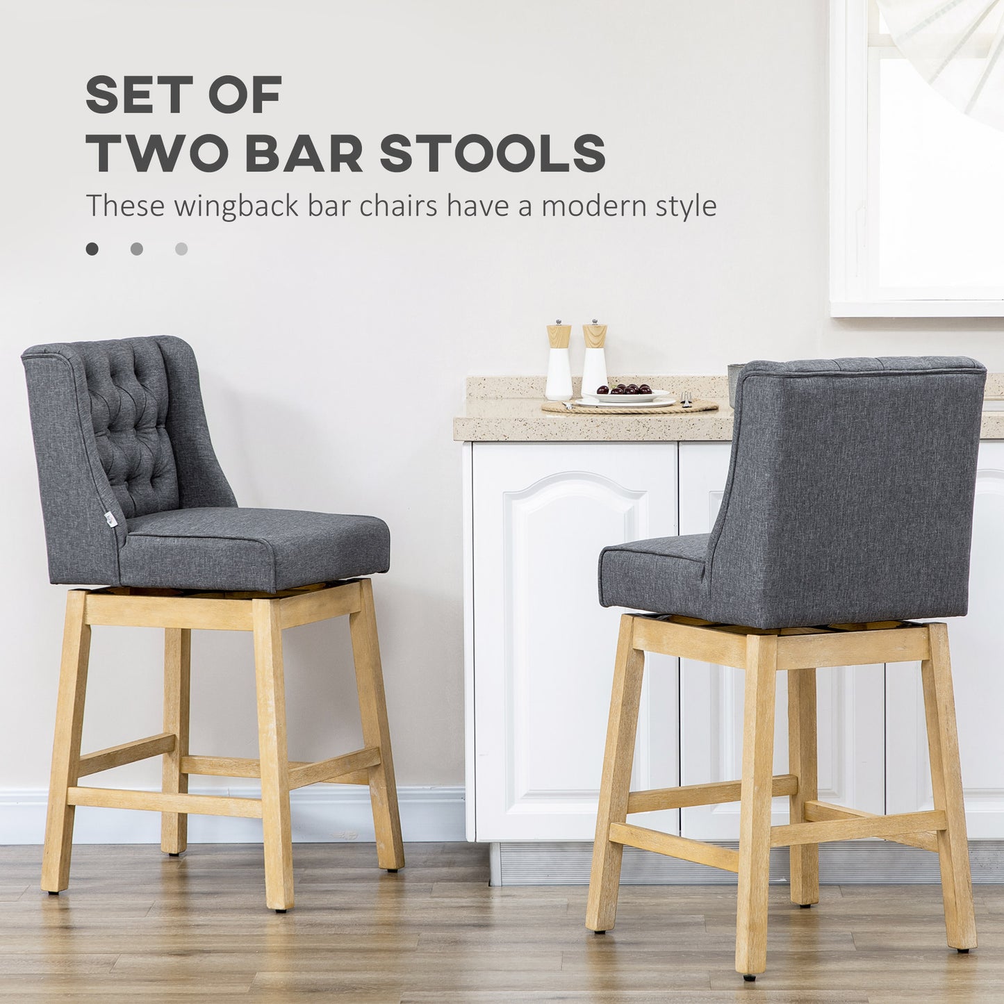 Hercules - Set of 2 - 30" Bar Height Bar Stools with 180° Swivel, Gray Button Tufted Design, and Solid Wood Footrests for Kitchen & Dining