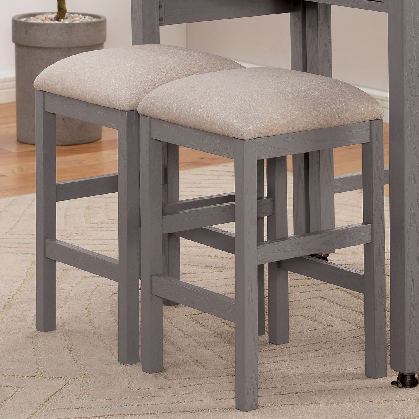 Zarneth - Set of 2 - 24" Light Gray Fabric Counter Stools with Beige Cushioned Seats and Solid Wood Base